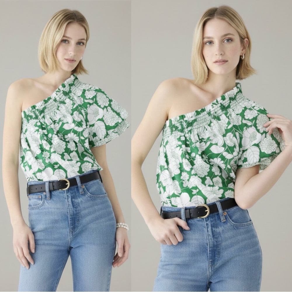 J. Crew Smocked One-Shoulder Cotton Top in Kelly Green - Sz. Medium - BNWT